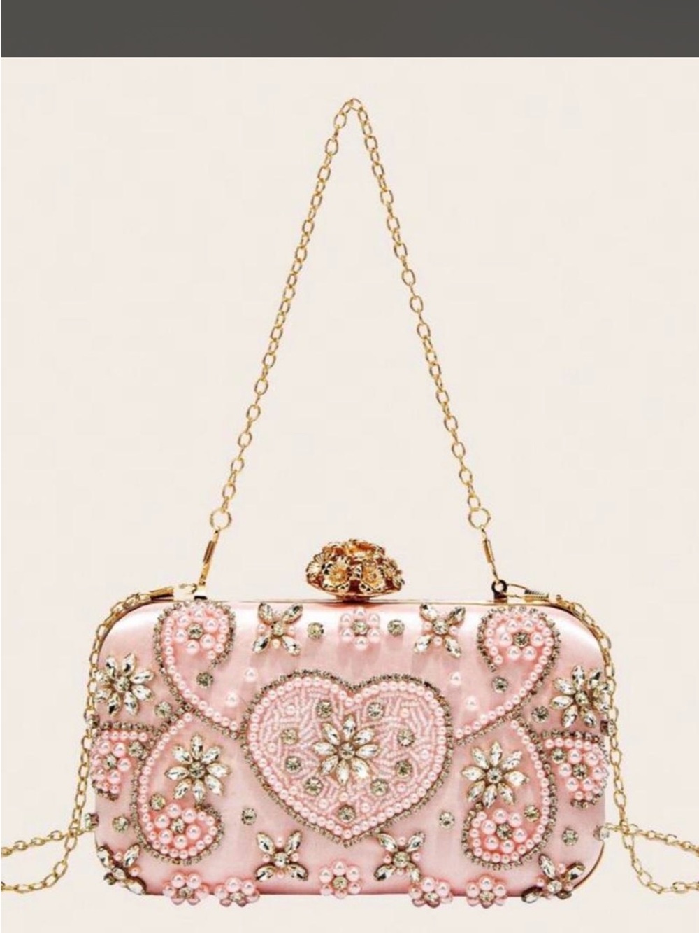 Raquel Allegra Pink Embellished Heart Minaudière with Gold Chain